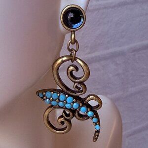 Vintage Y2K Chico’s Turquoise Brass Scroll Drop Earrings with Blue Stone Accents